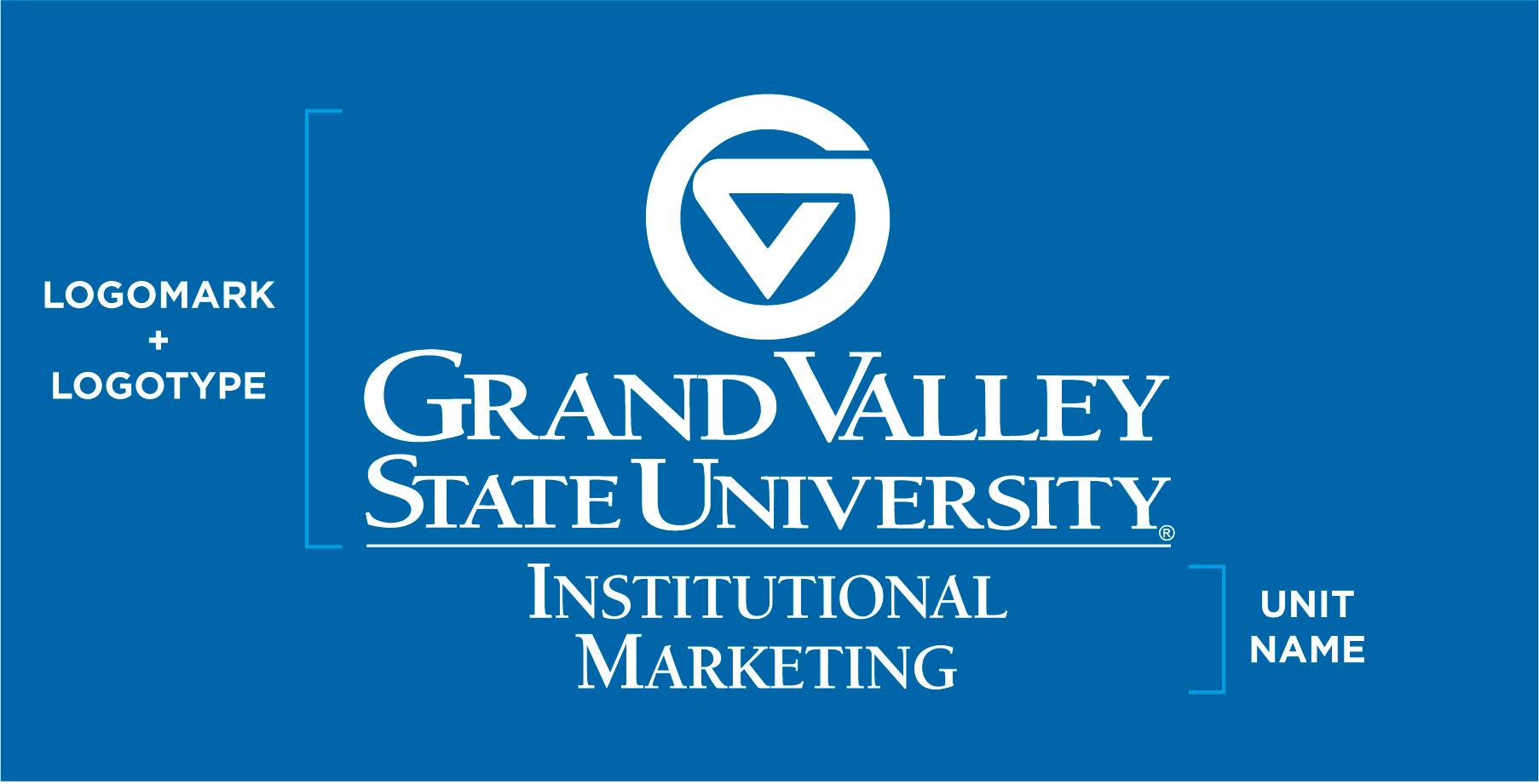 A Grand Valley combination logo for Institutional Marketing with "www.gvsu.edu/im" added under the unit's name. A bracket near the "Y" in "VALLEY" denotes half the height of the letter and is labeled with an "X". This "X" appears near the URL in two places.